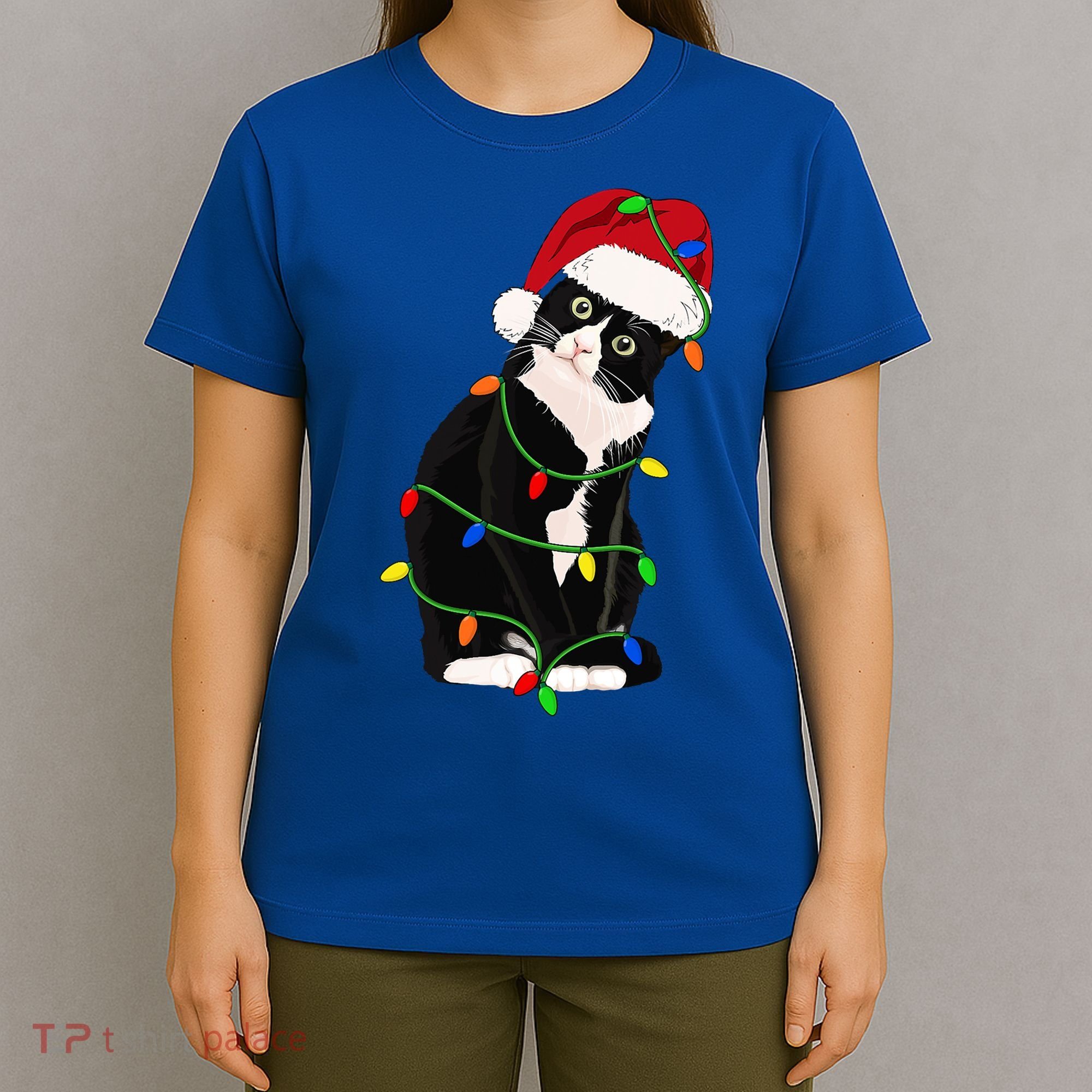Tuxedo Cat Meow Santa Tuxie Christmas Tree Lights Cat Catmas Gift T-Shirt
