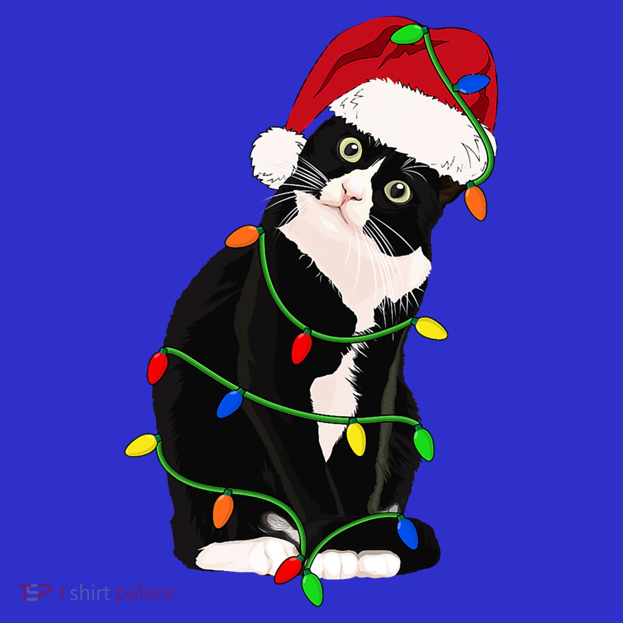 Tuxedo Cat Meow Santa Tuxie Christmas Tree Lights Cat Catmas Gift T-Shirt