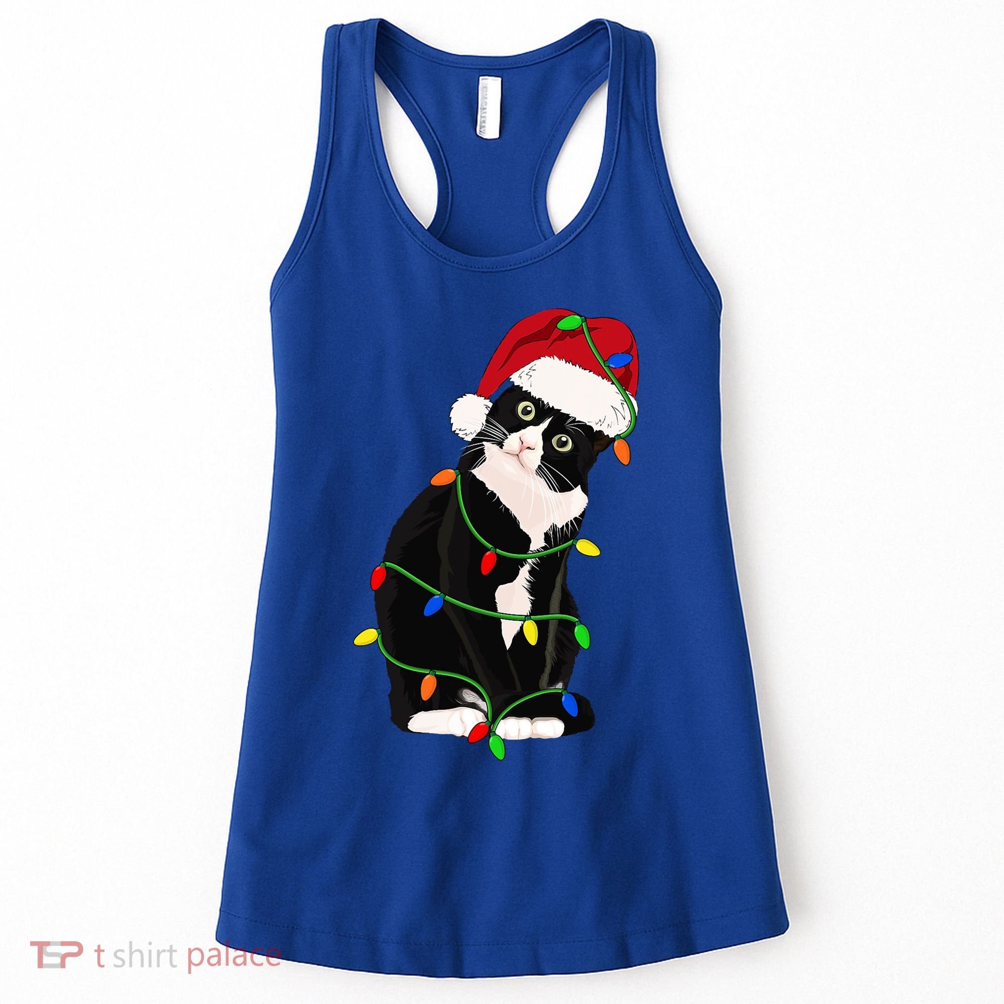 Tuxedo Cat Meow Santa Tuxie Christmas Tree Lights Cat Catmas Gift Women's Tank Top