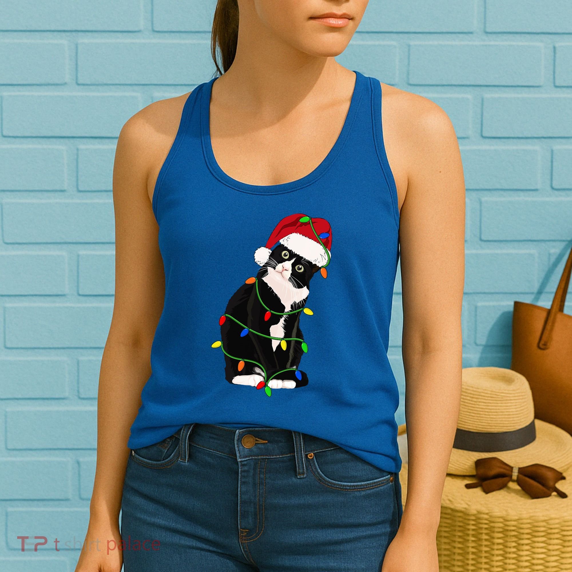 Tuxedo Cat Meow Santa Tuxie Christmas Tree Lights Cat Catmas Gift Women's Tank Top