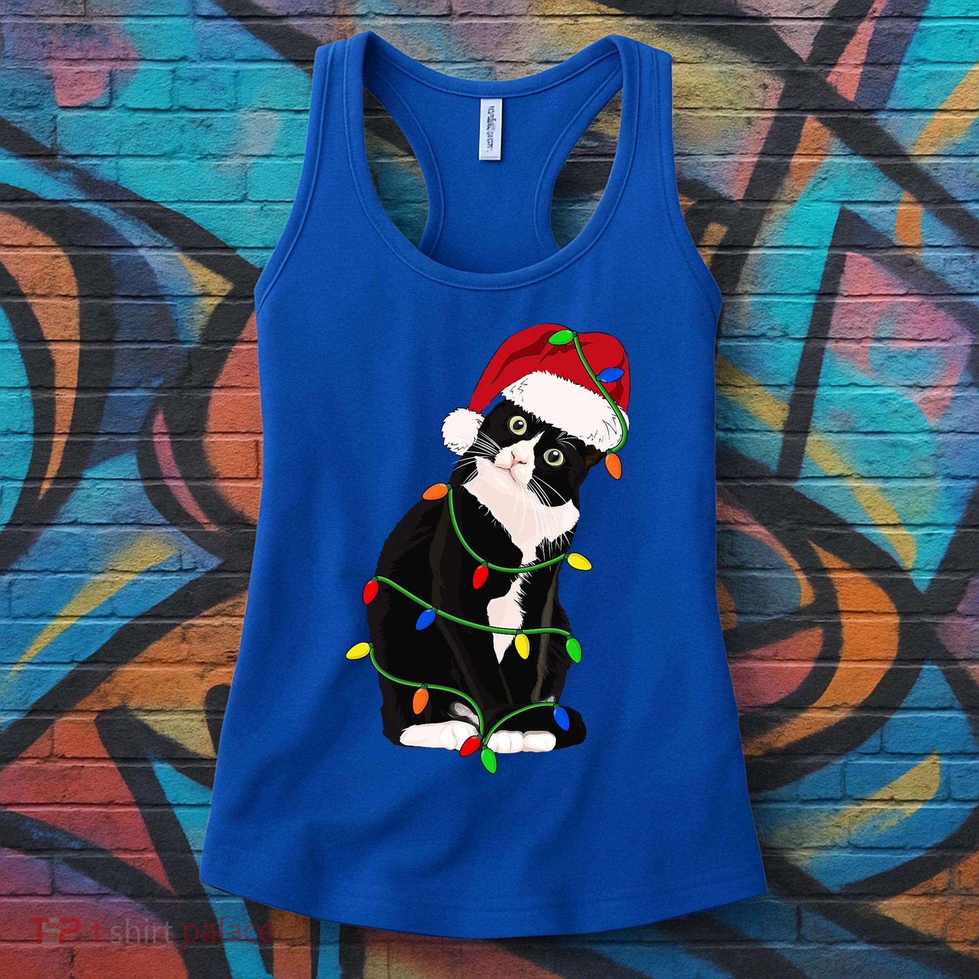 Tuxedo Cat Meow Santa Tuxie Christmas Tree Lights Cat Catmas Gift Women's Tank Top