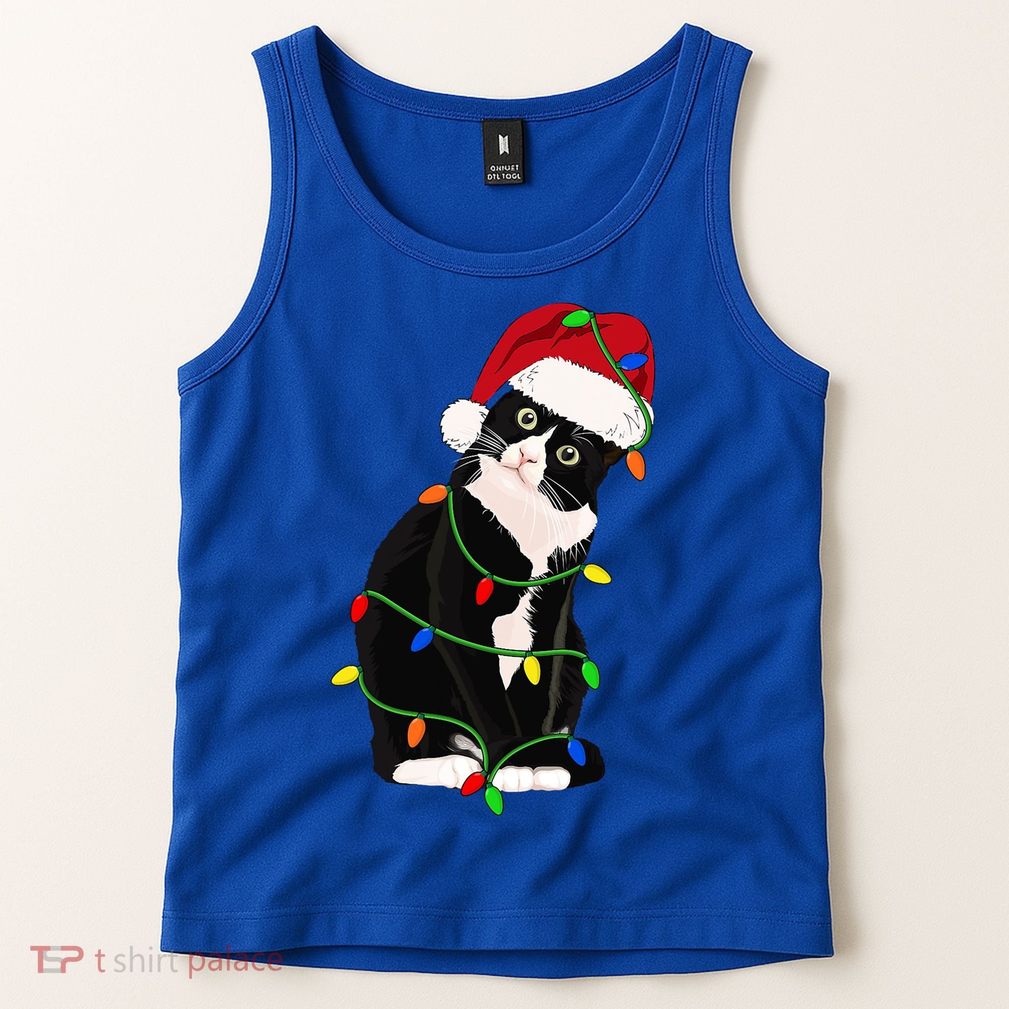 Tuxedo Cat Meow Santa Tuxie Christmas Tree Lights Cat Catmas Gift Tank Top