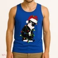 Tuxedo Cat Meow Santa Tuxie Christmas Tree Lights Cat Catmas Gift Tank Top thumb 3