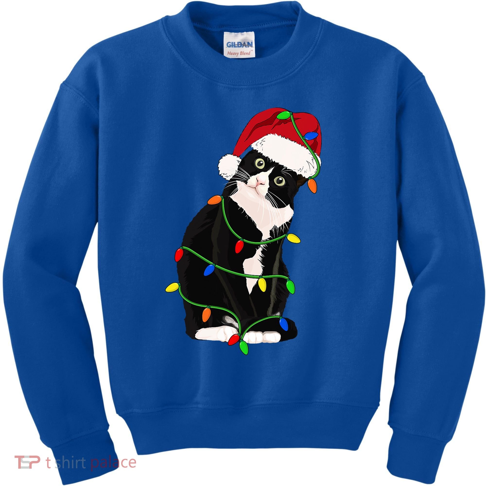 Tuxedo Cat Meow Santa Tuxie Christmas Tree Lights Cat Catmas Gift Kids Sweatshirt