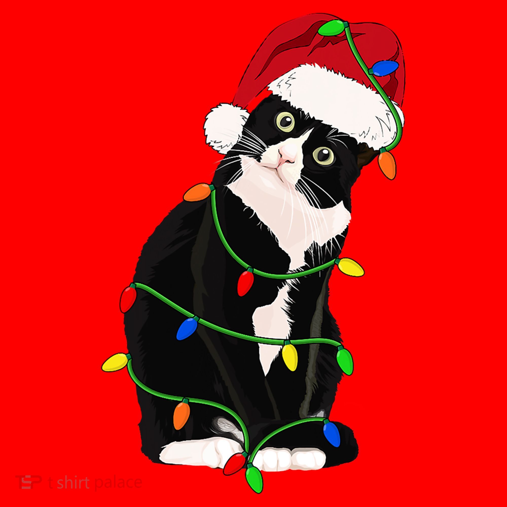 Tuxedo Cat Meow Santa Tuxie Christmas Tree Lights Cat Catmas Gift Santa Hat