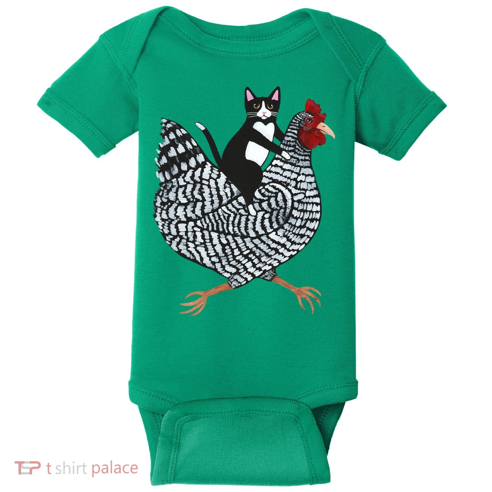 Tuxedo Cat On A Chicken Baby Bodysuit
