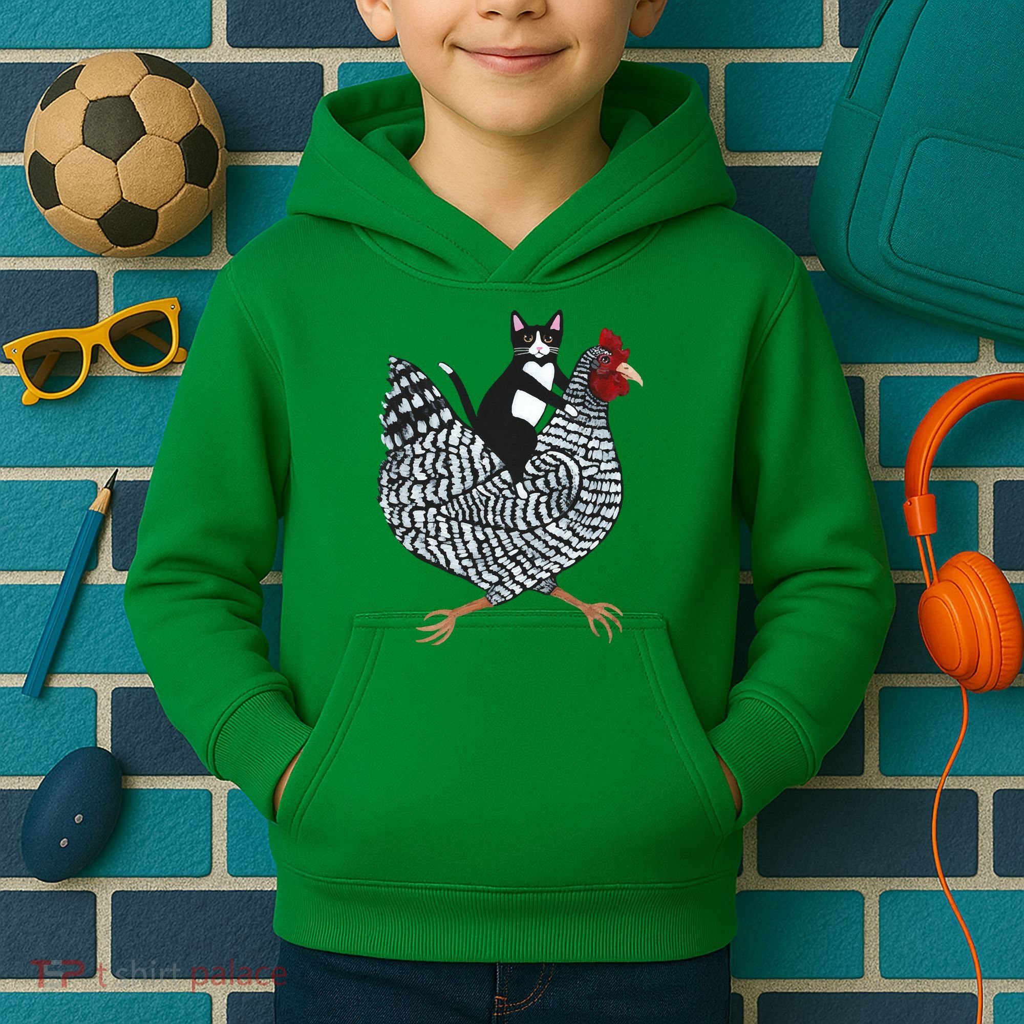 Tuxedo Cat On A Chicken Kids Hoodie