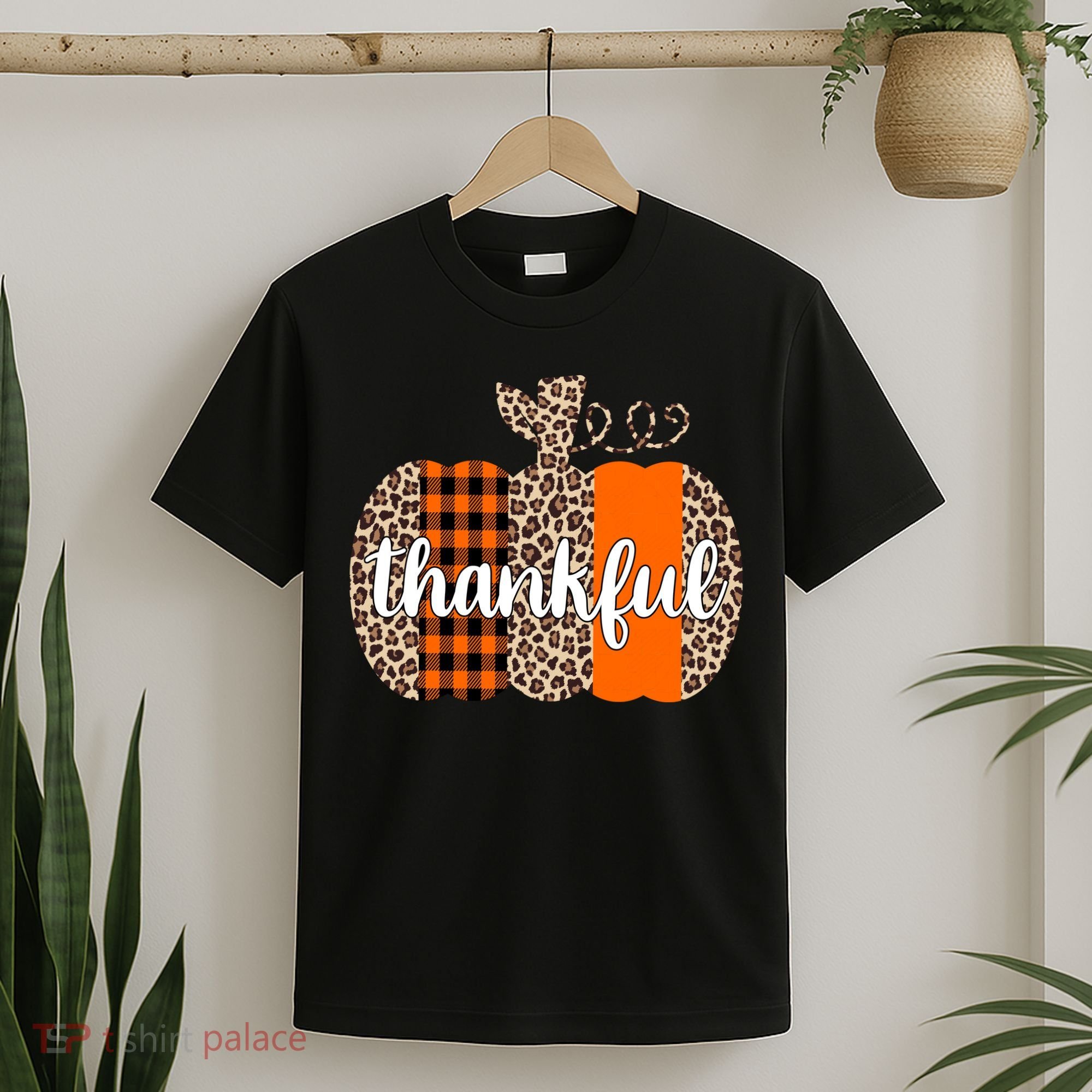Thankful Cheetah Plaid Pumpkin Cute Holiday T-Shirt
