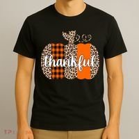 Thankful Cheetah Plaid Pumpkin Cute Holiday T-Shirt thumb 3