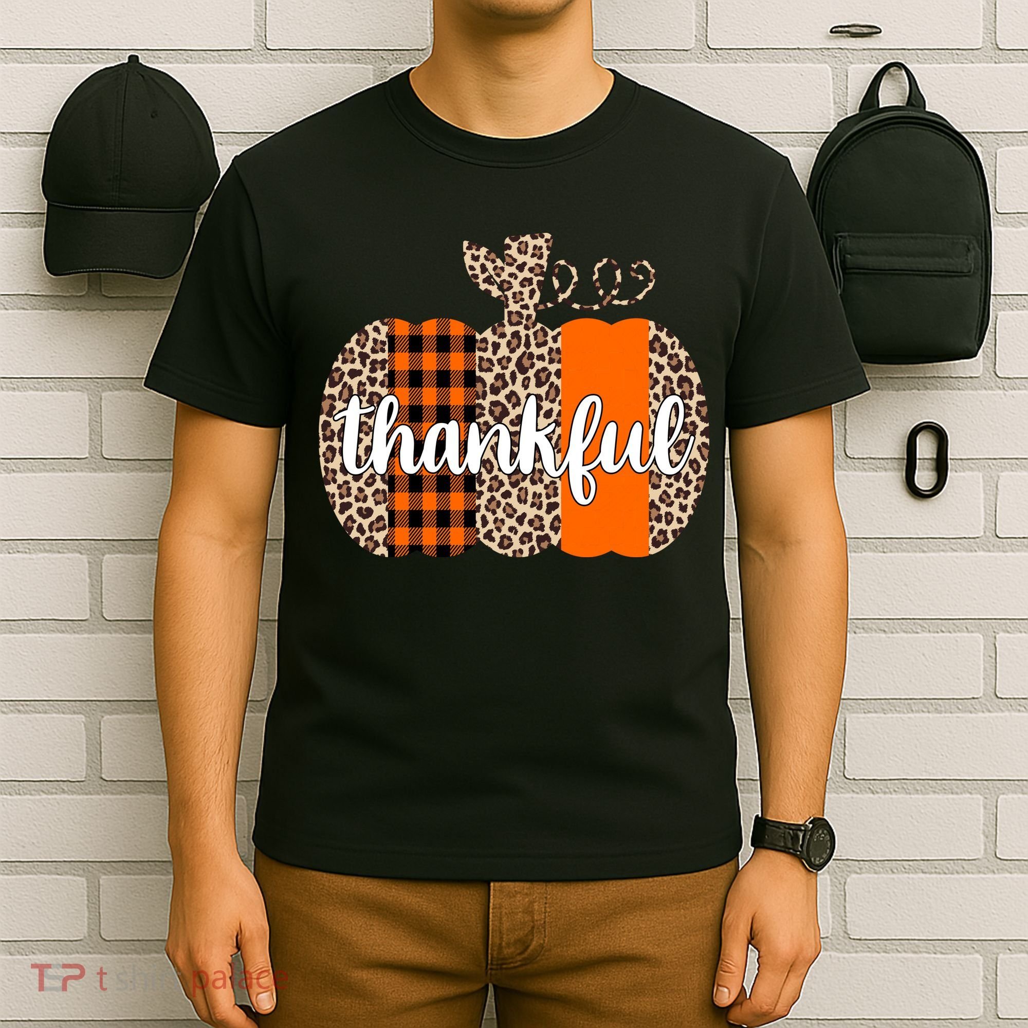 Thankful Cheetah Plaid Pumpkin Cute Holiday T-Shirt