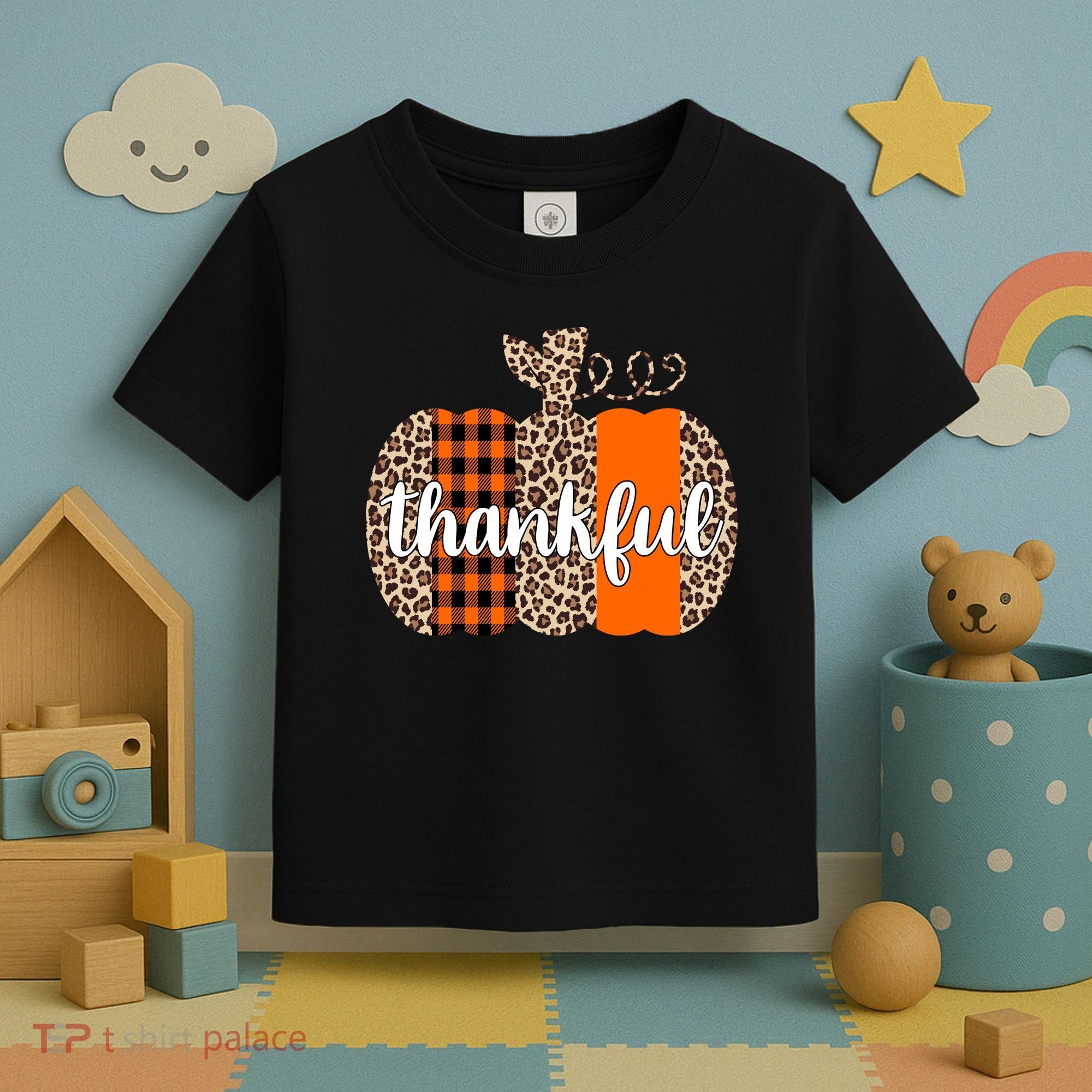 Thankful Cheetah Plaid Pumpkin Cute Holiday Toddler T-Shirt