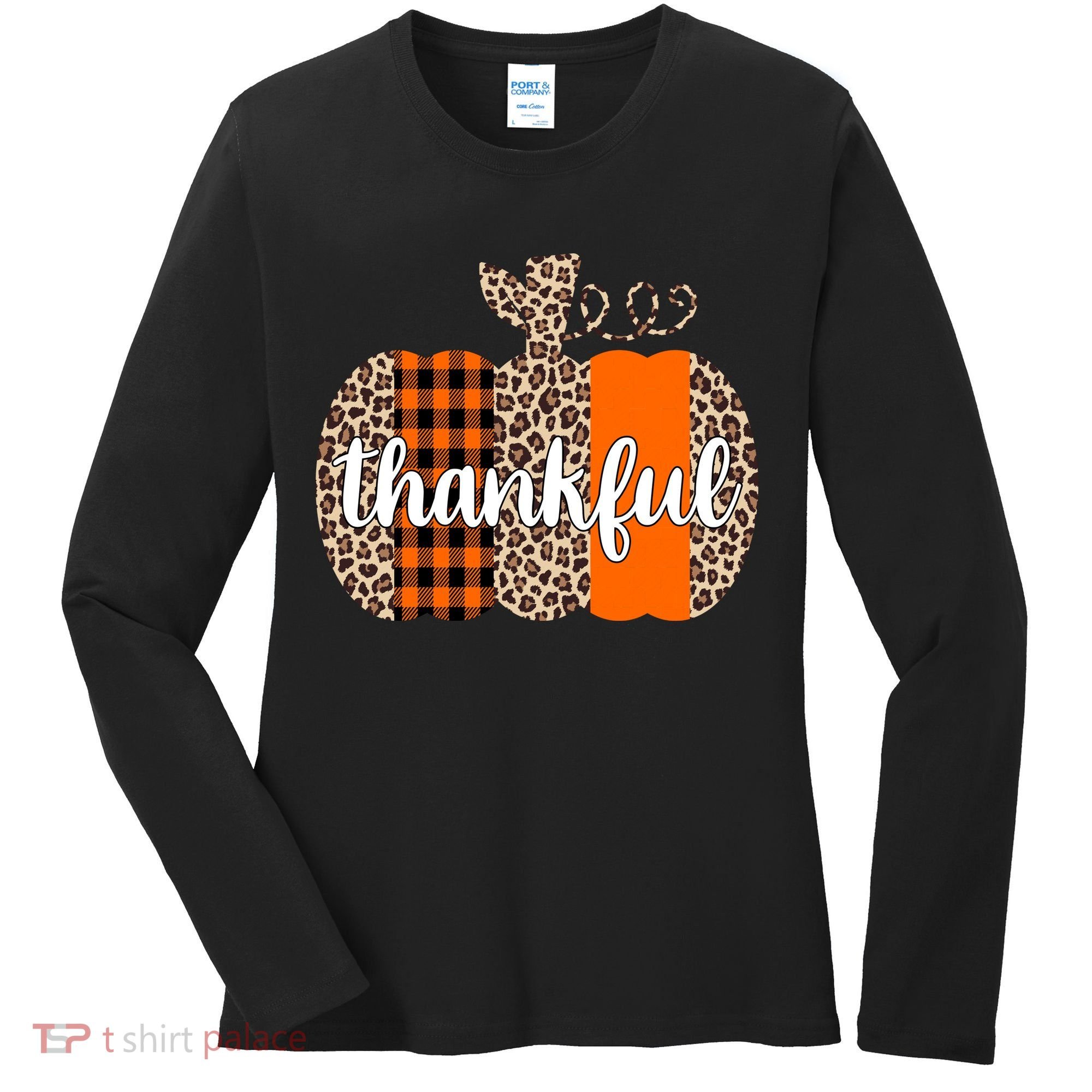 Thankful Cheetah Plaid Pumpkin Cute Holiday Women's Long Sleeve Shirt