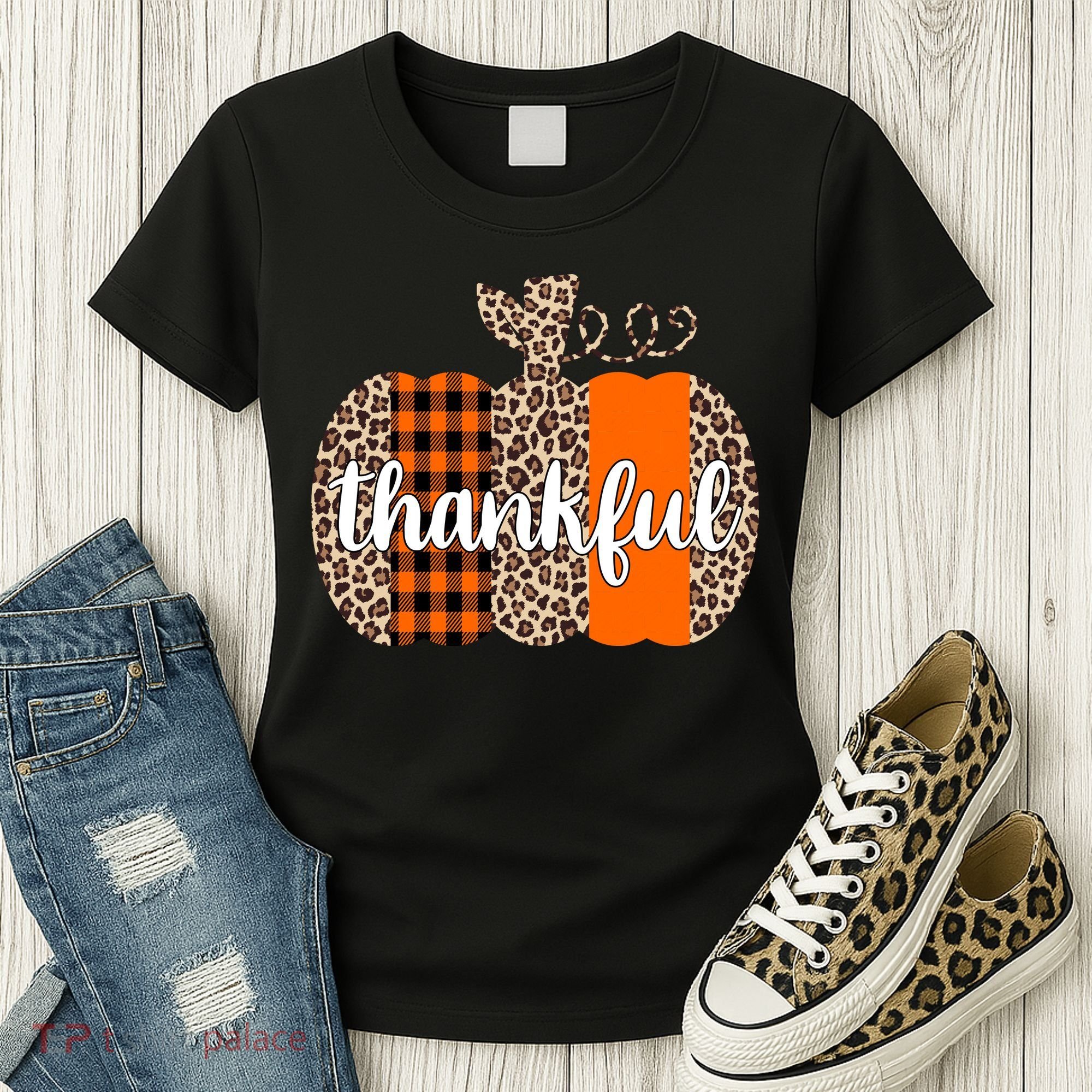 Thankful Cheetah Plaid Pumpkin Cute Holiday Women's T-Shirt