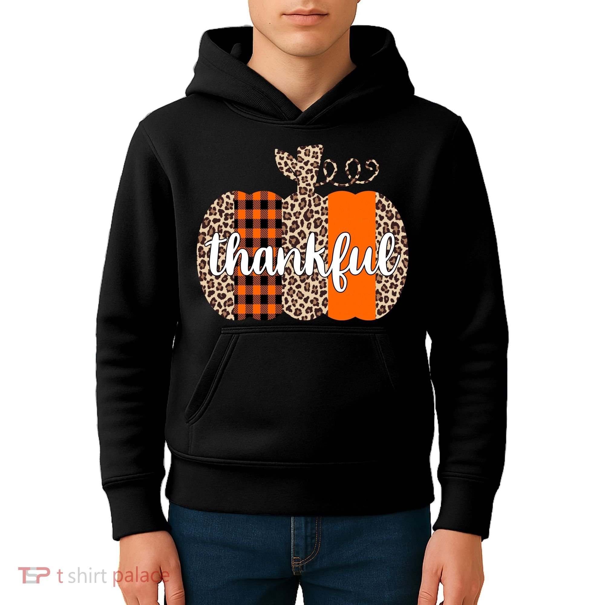 Thankful Cheetah Plaid Pumpkin Cute Holiday Kids Hoodie