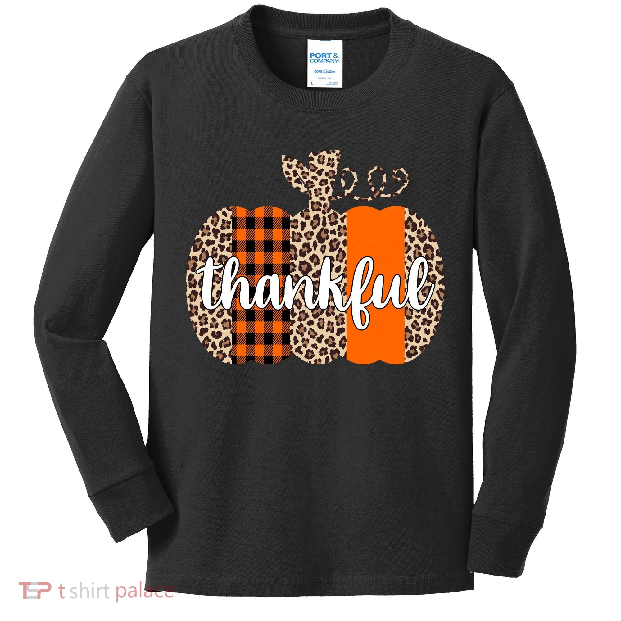 Thankful Cheetah Plaid Pumpkin Cute Holiday Kids Long Sleeve Shirt