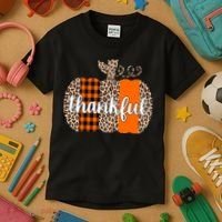 Thankful Cheetah Plaid Pumpkin Cute Holiday Kids T-Shirt thumb 3
