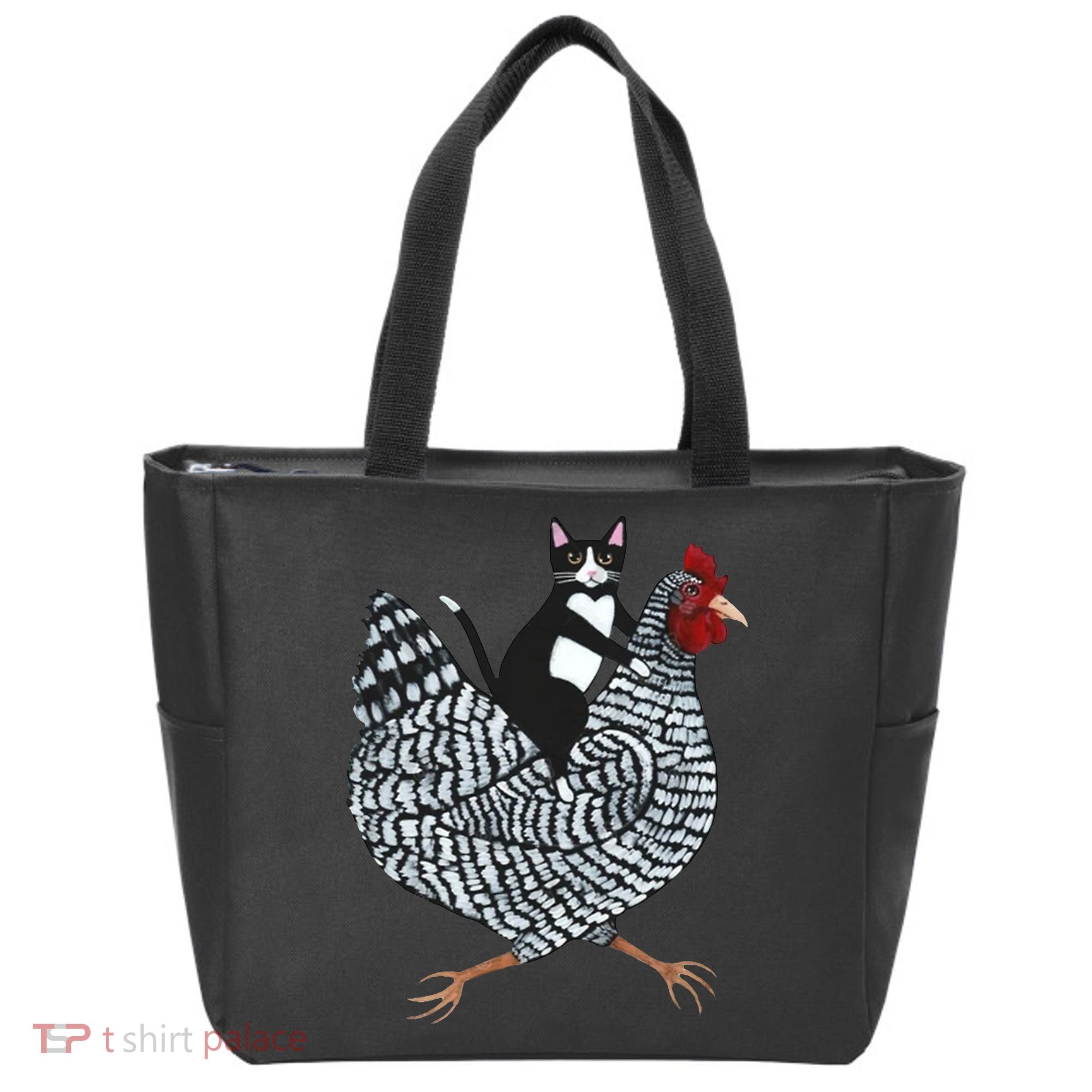 Tuxedo Cat Riding A Chicken Funny Tote Bag