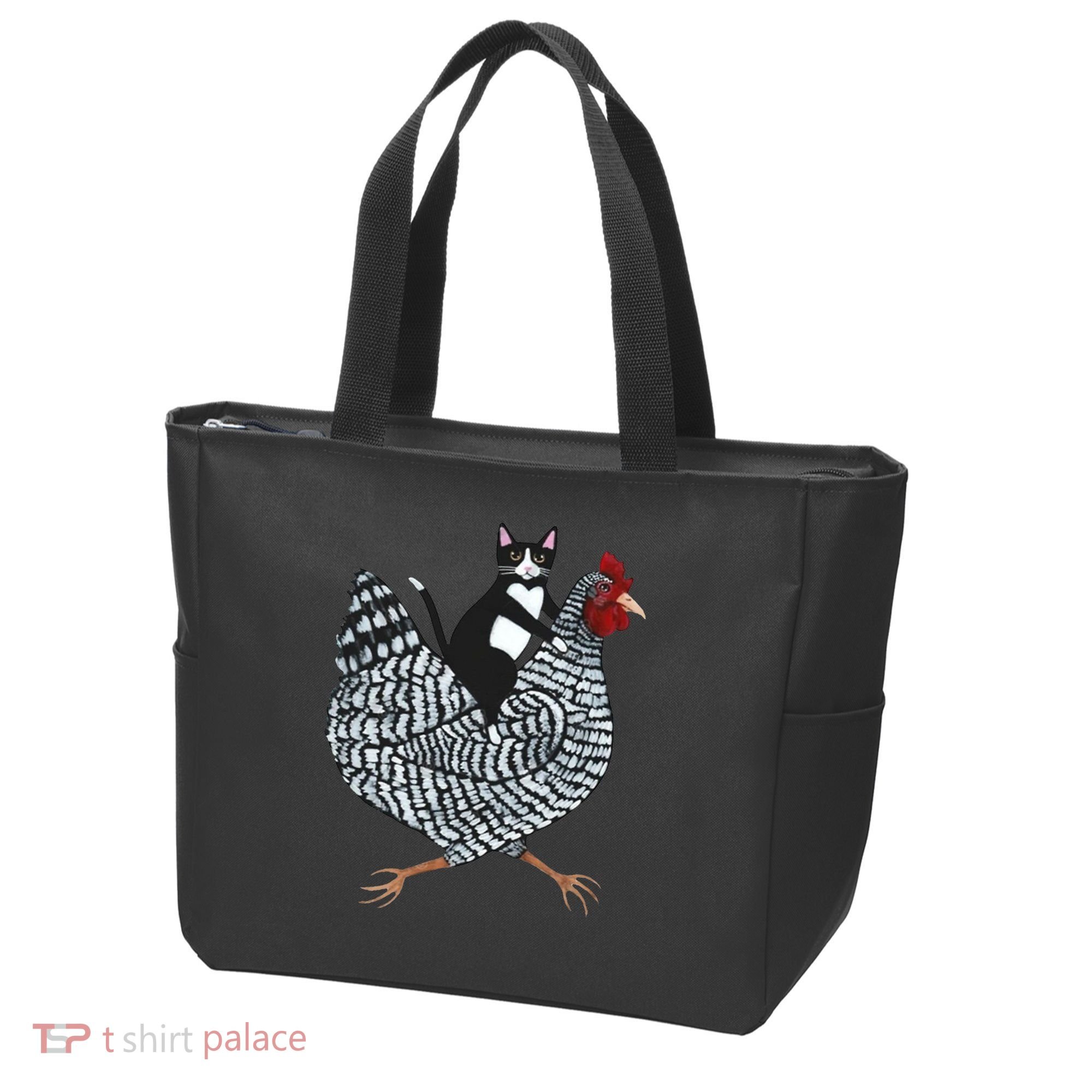 Tuxedo Cat Riding A Chicken Funny Tote Bag