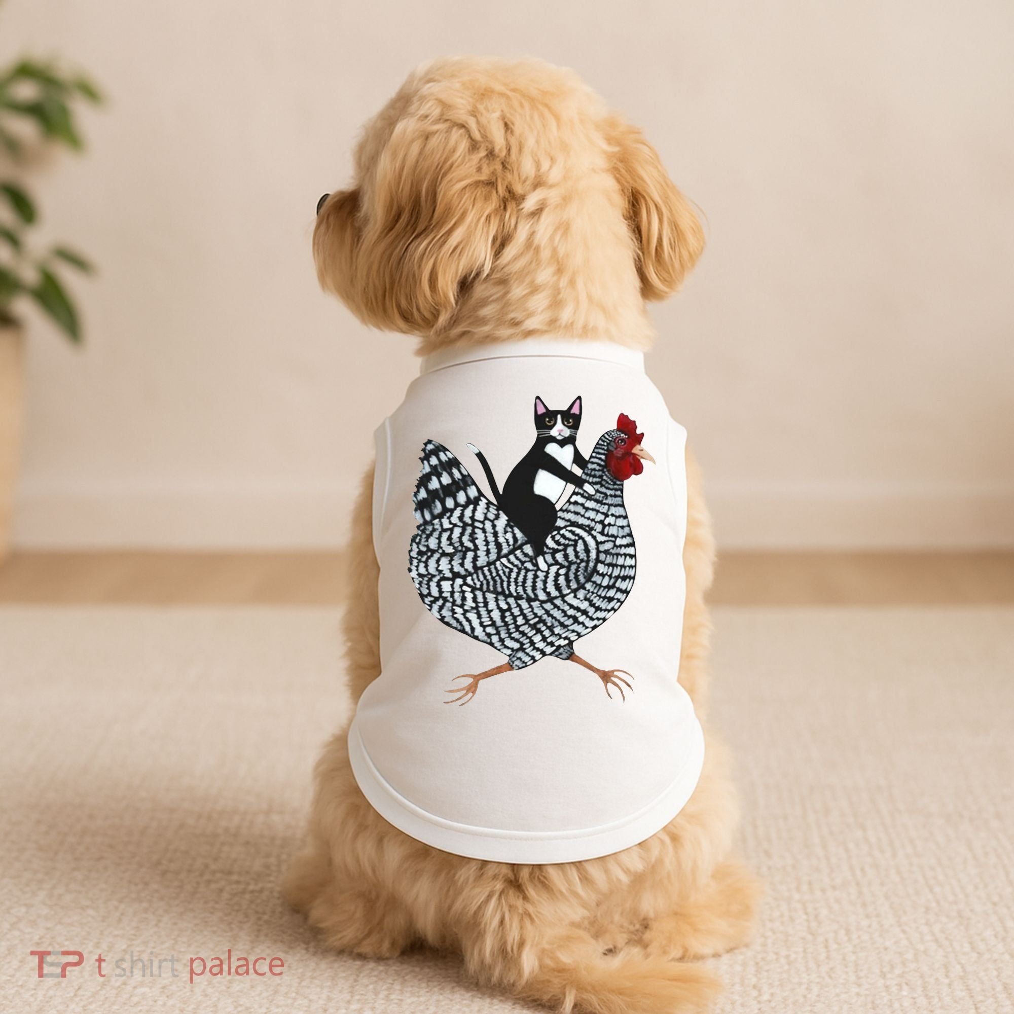 Tuxedo Cat Riding A Chicken Funny Doggie Tank