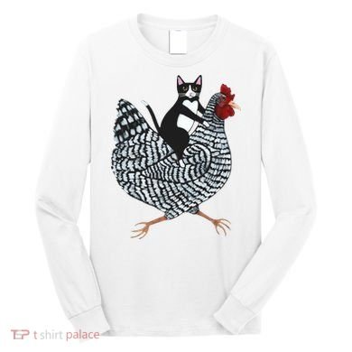 Tuxedo Cat Riding A Chicken Funny Long Sleeve Shirt