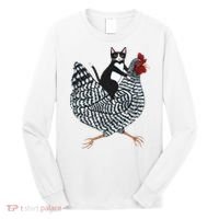 Tuxedo Cat Riding A Chicken Funny Long Sleeve Shirt thumb 0