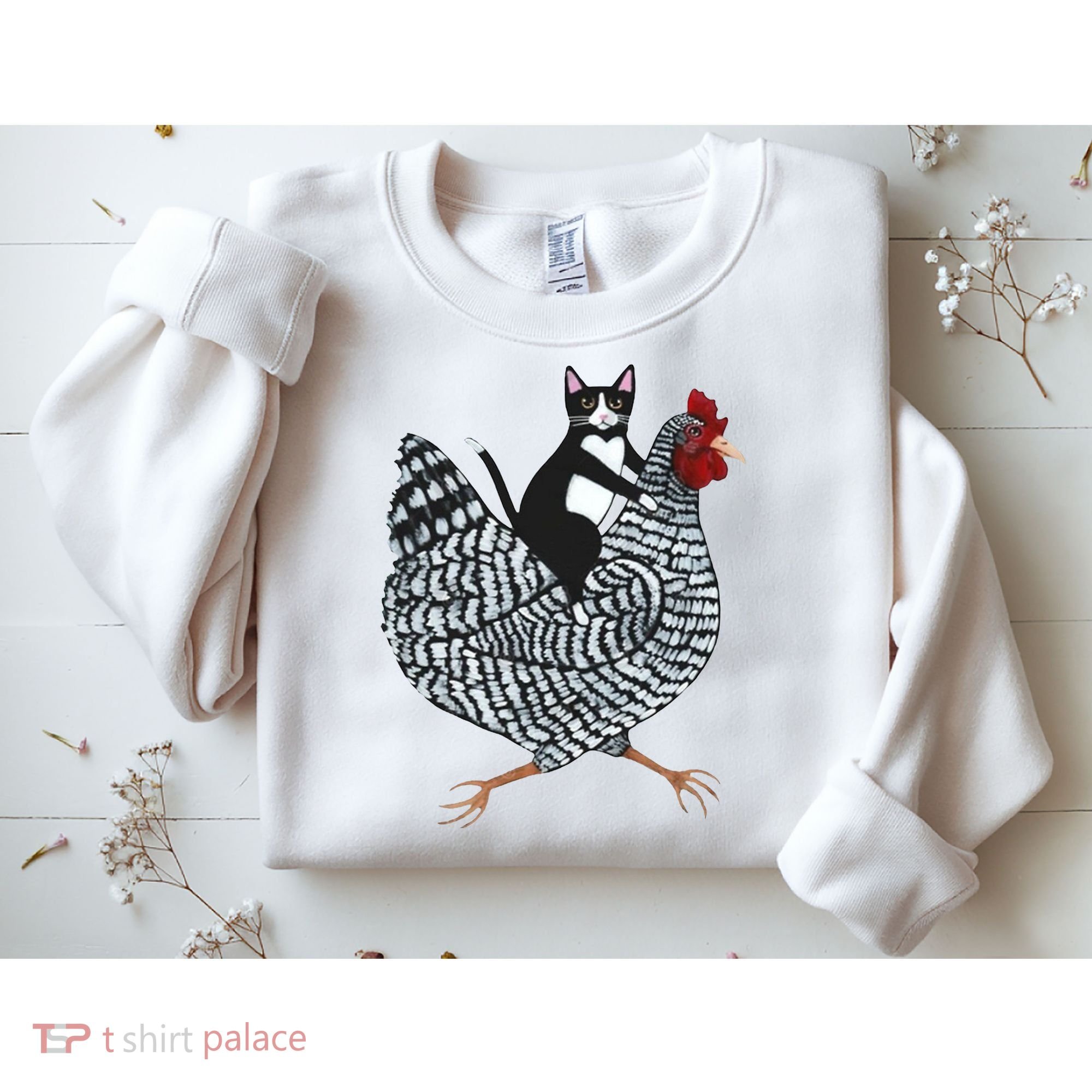Tuxedo Cat Riding A Chicken Funny Sweatshirt