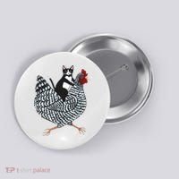 Tuxedo Cat Riding A Chicken Funny Button thumb 0