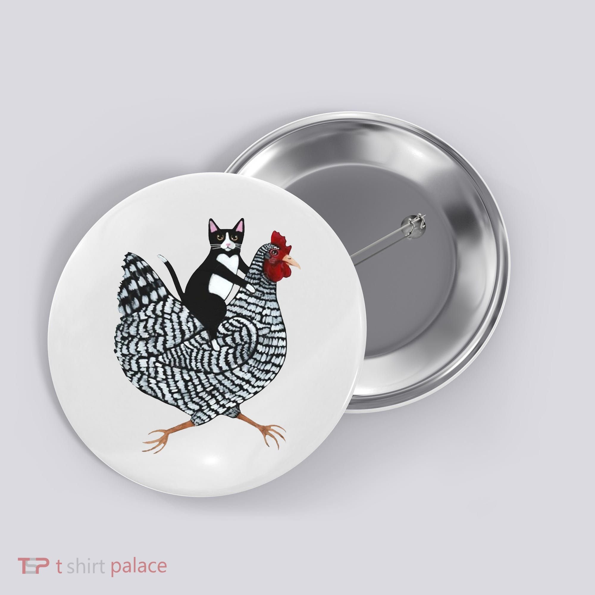 Tuxedo Cat Riding A Chicken Funny Button