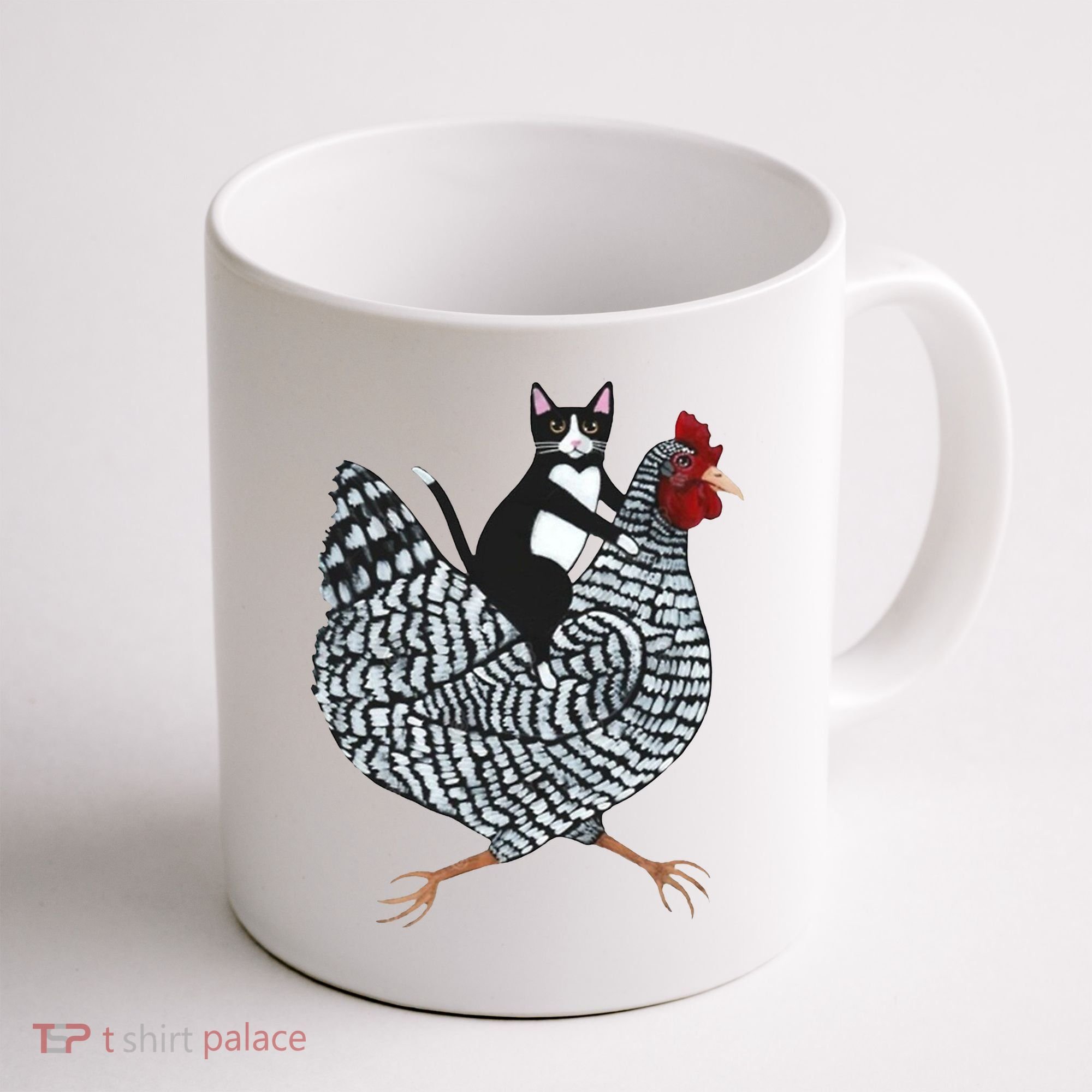 Tuxedo Cat Riding A Chicken Funny Coffee Mug