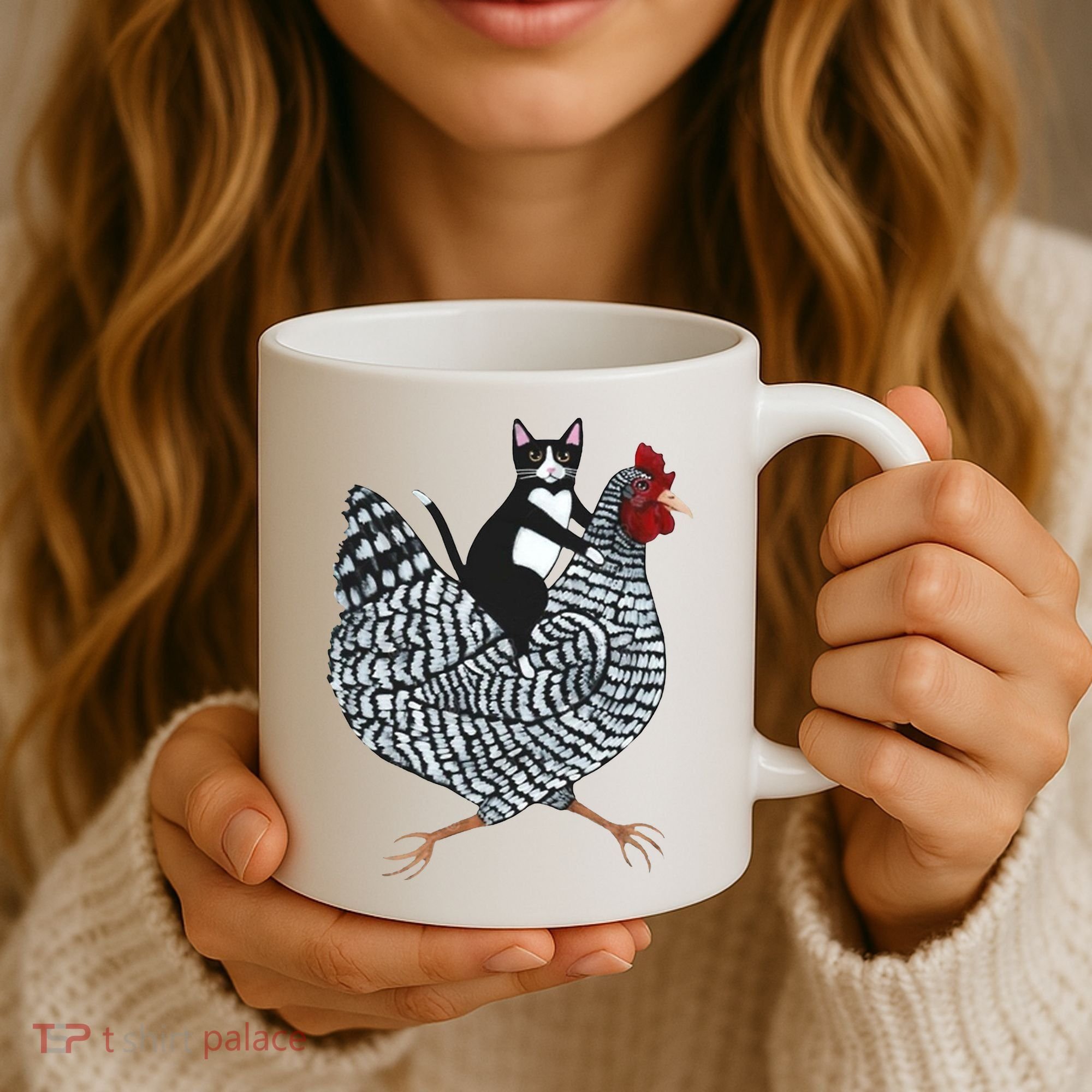 Tuxedo Cat Riding A Chicken Funny Coffee Mug