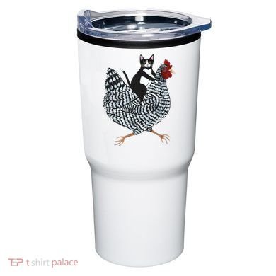 Tuxedo Cat Riding A Chicken Funny Tumbler