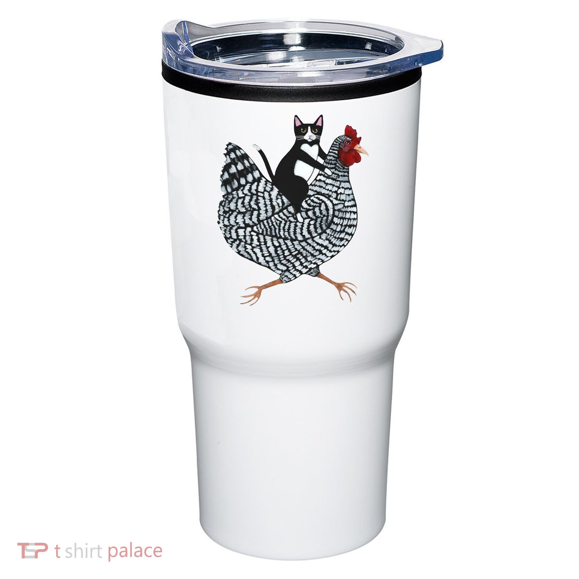 Tuxedo Cat Riding A Chicken Funny Tumbler