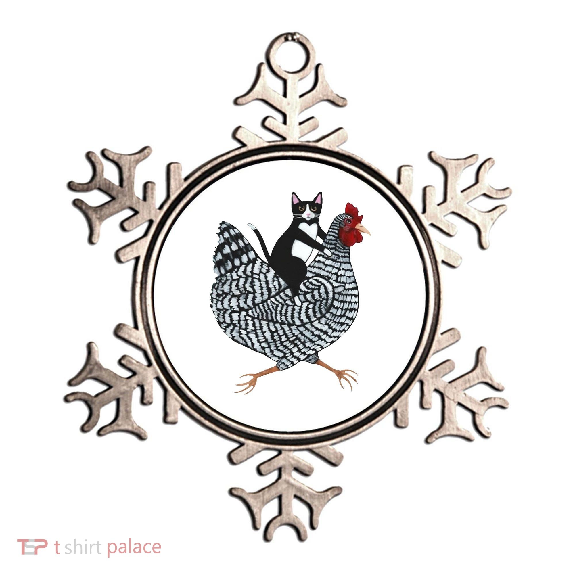 Tuxedo Cat Riding A Chicken Funny Ornament