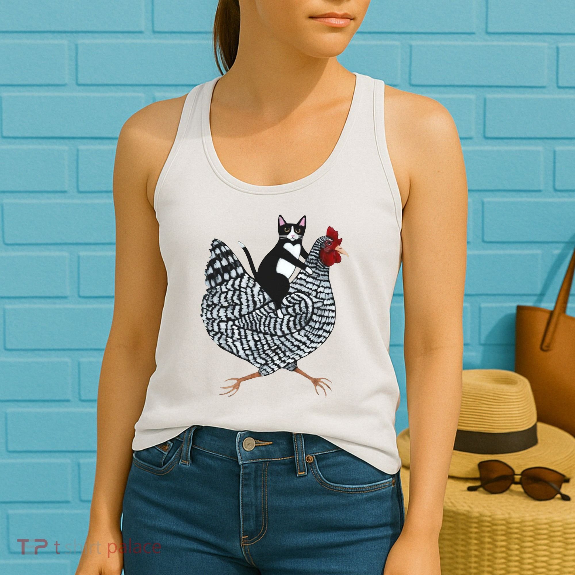 Tuxedo Cat Riding A Chicken Funny Women's Tank Top