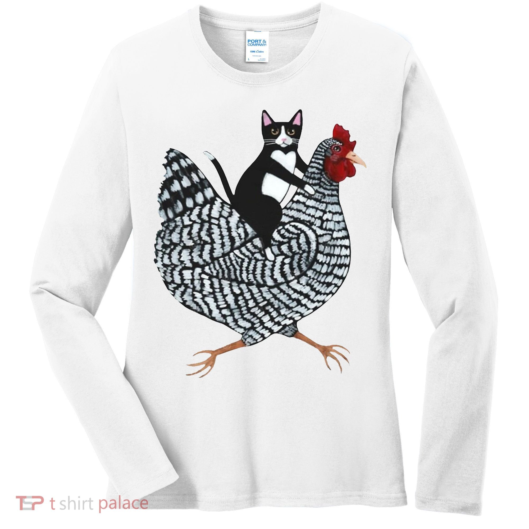 Tuxedo Cat Riding A Chicken Funny Women's Long Sleeve Shirt