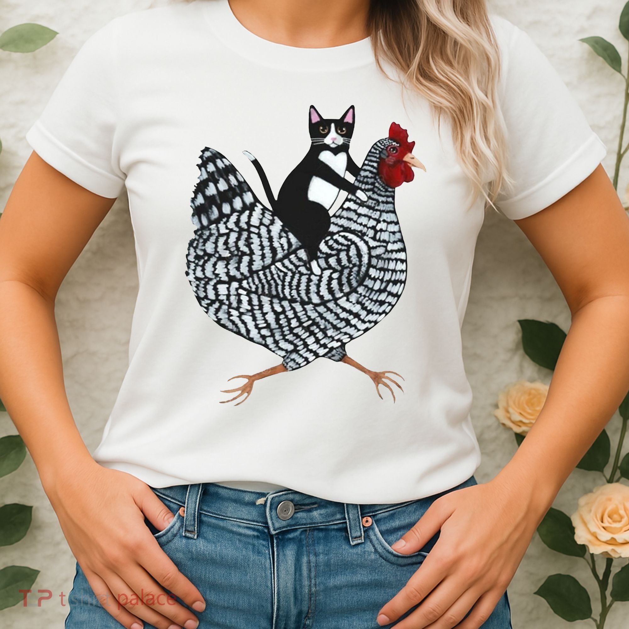 Tuxedo Cat Riding A Chicken Funny Women's T-Shirt