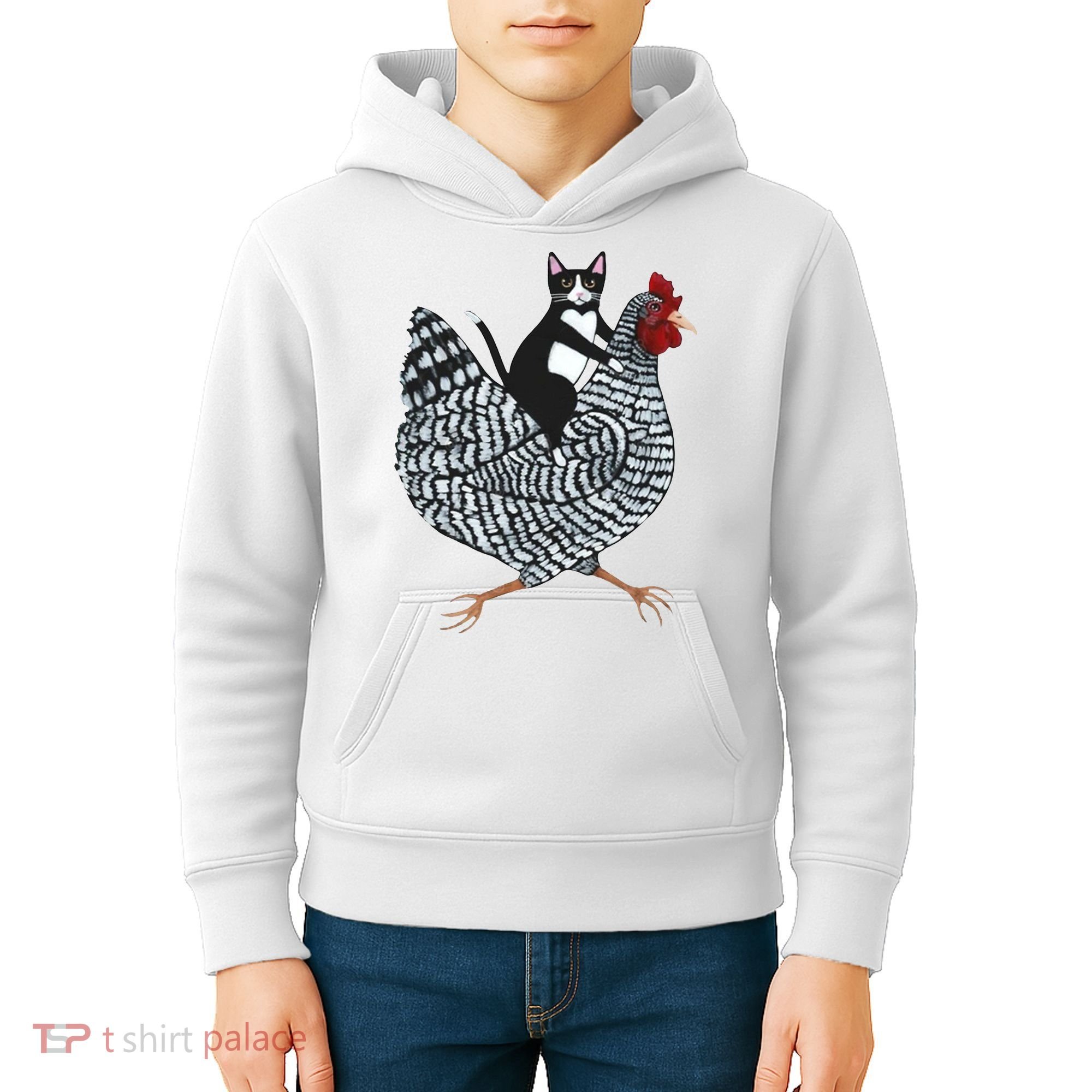 Tuxedo Cat Riding A Chicken Funny Kids Hoodie