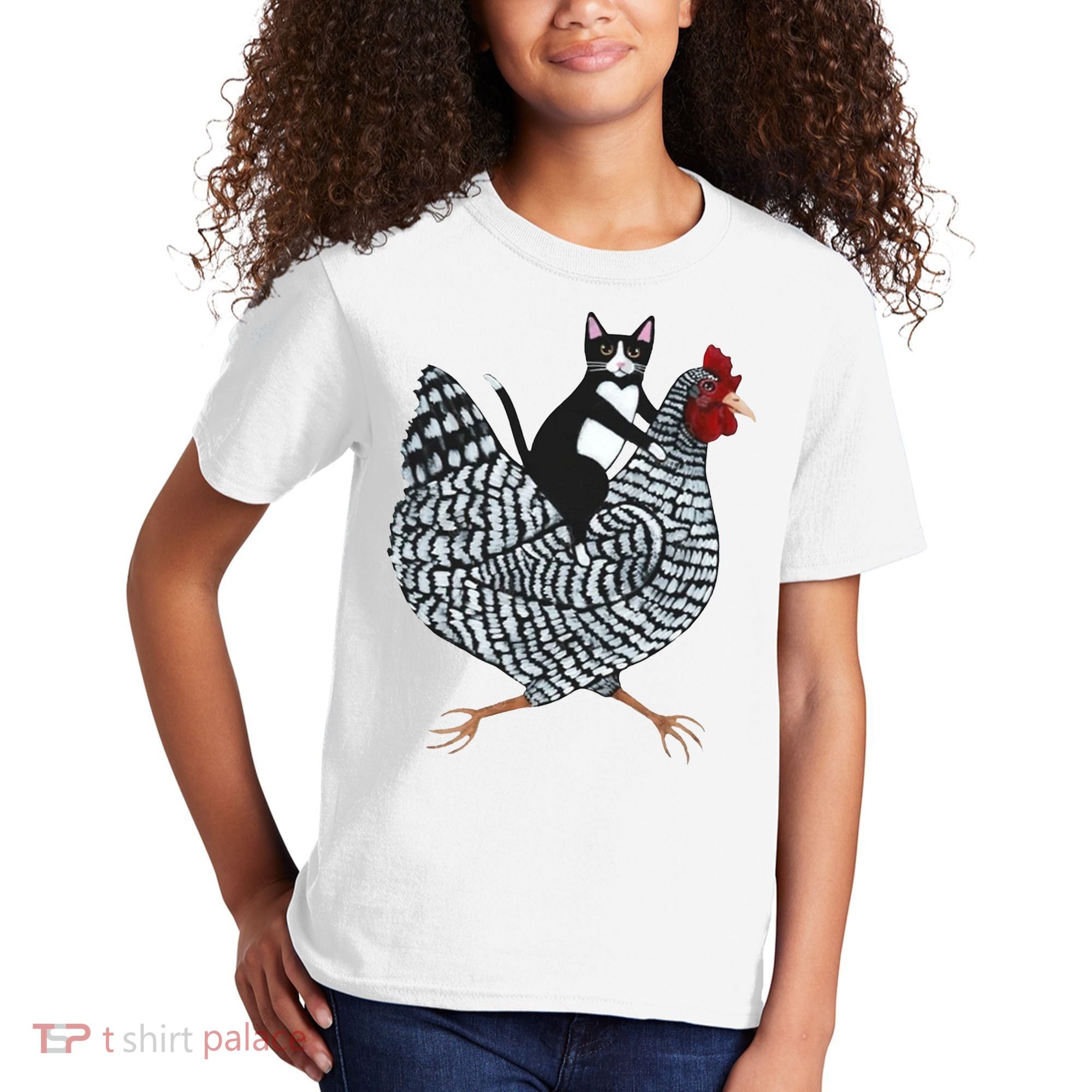 Tuxedo Cat Riding A Chicken Funny Kids T-Shirt
