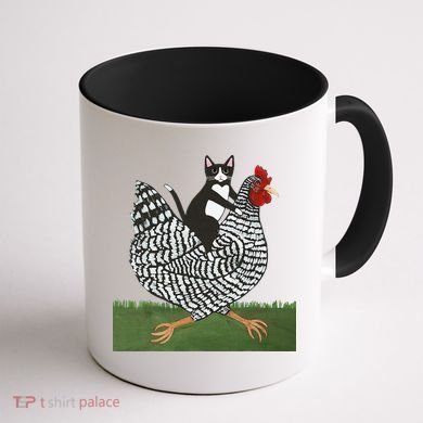 Tuxedo Cat Riding A Chicken Gift Coffee Mug back