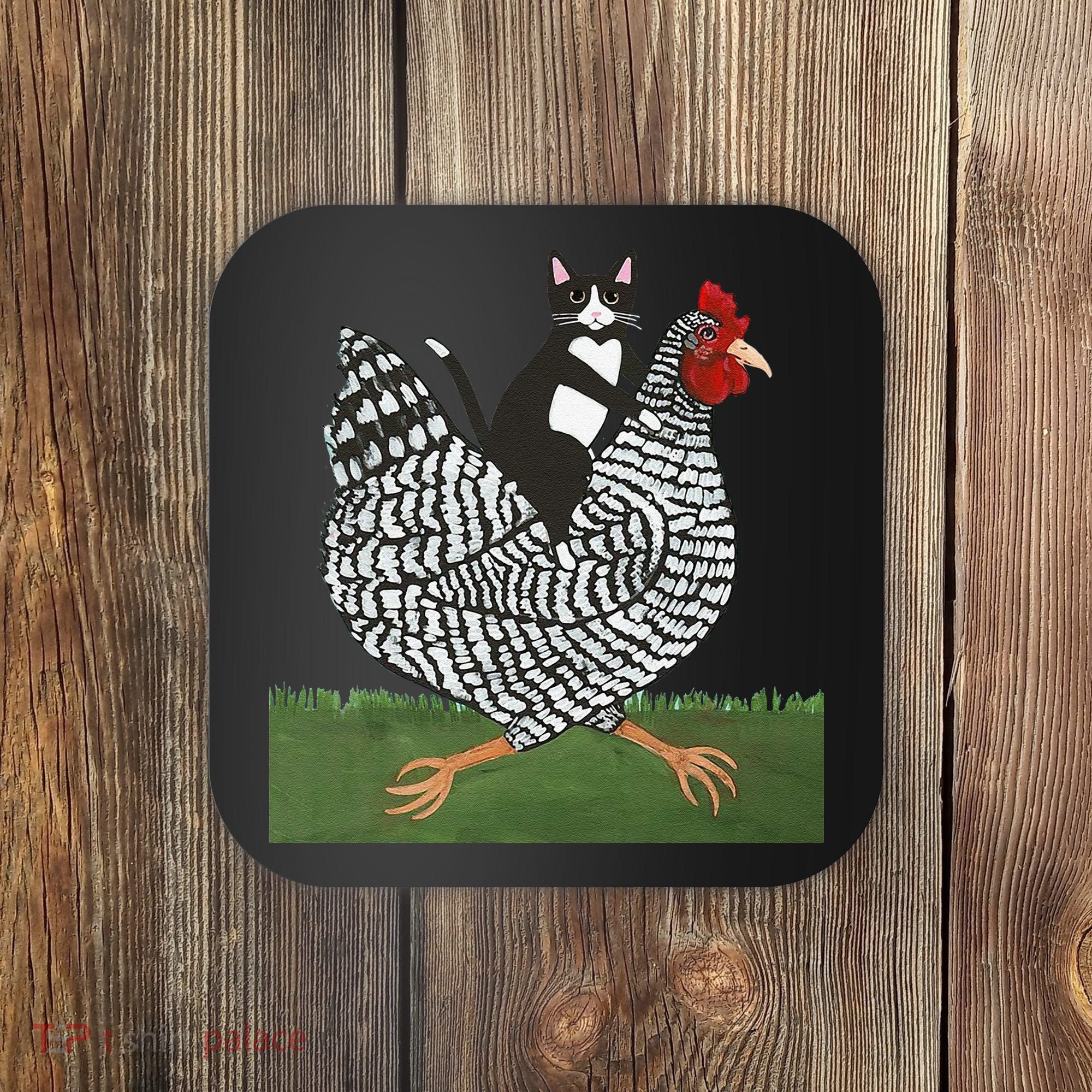 Tuxedo Cat Riding A Chicken Gift Coaster