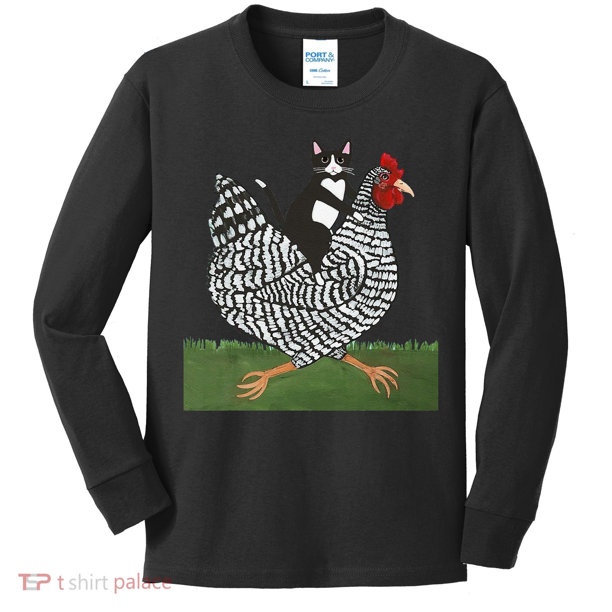 Tuxedo Cat Riding A Chicken Gift Kids Long Sleeve Shirt
