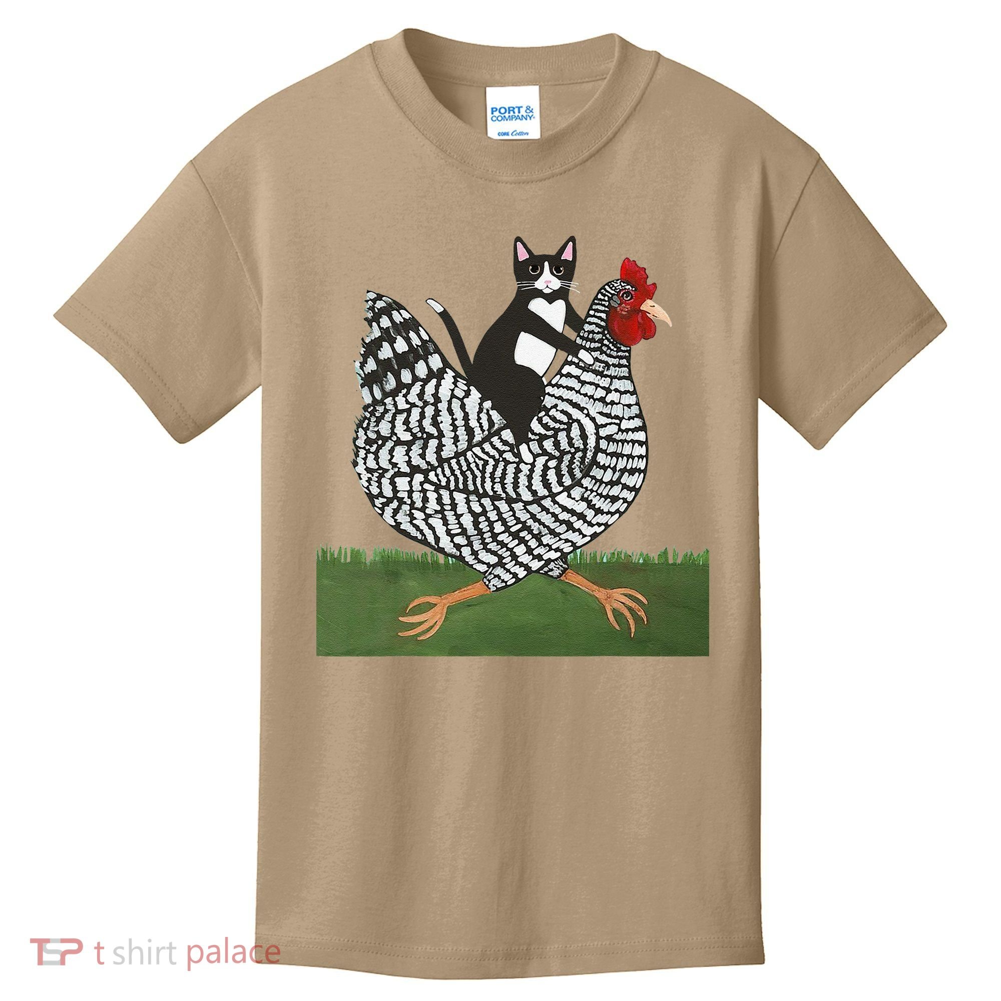 Tuxedo Cat Riding A Chicken Gift Kids T-Shirt