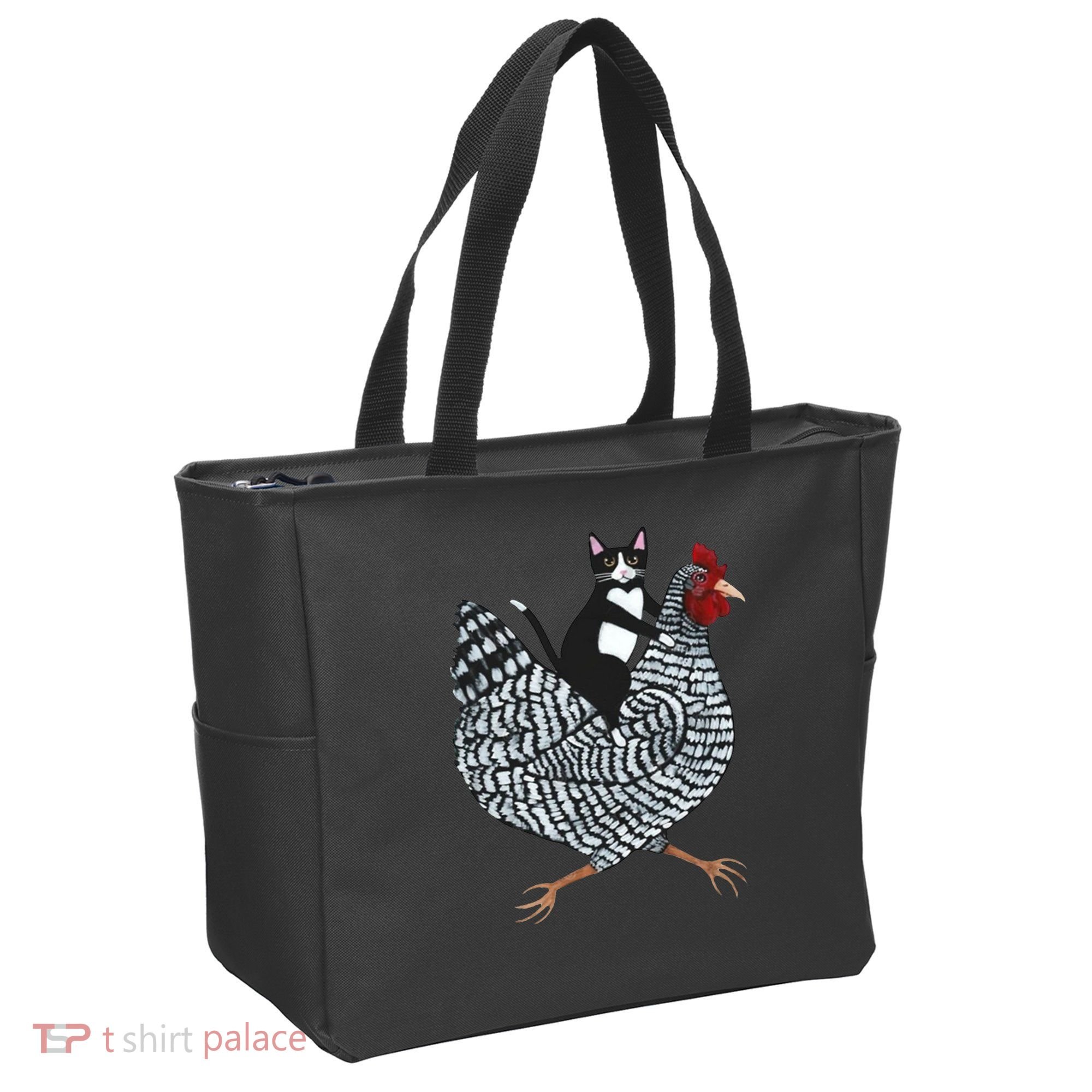 Tuxedo Cat Riding Chicken Funny Tote Bag