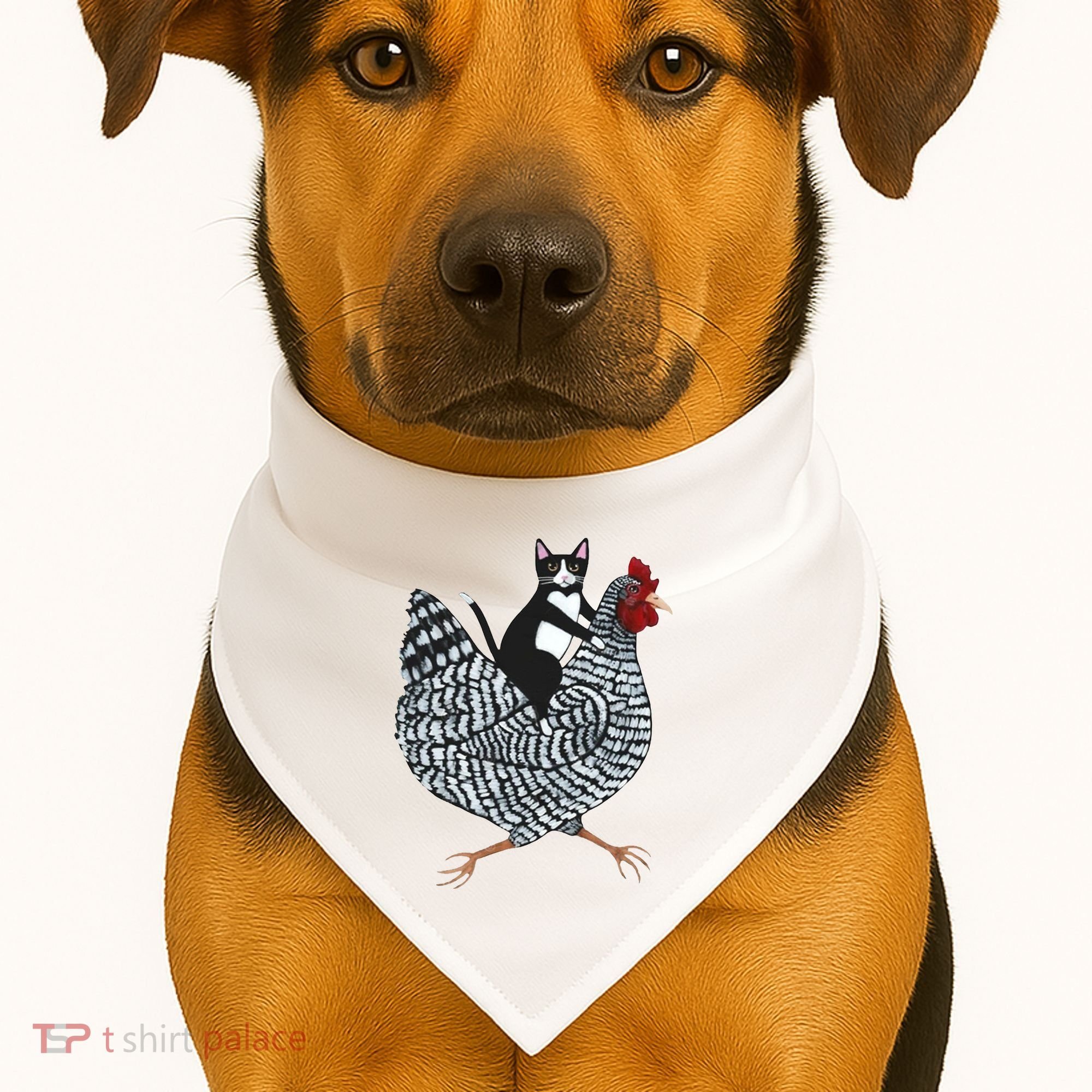 Tuxedo Cat Riding Chicken Funny USA-Made Doggie Bandana