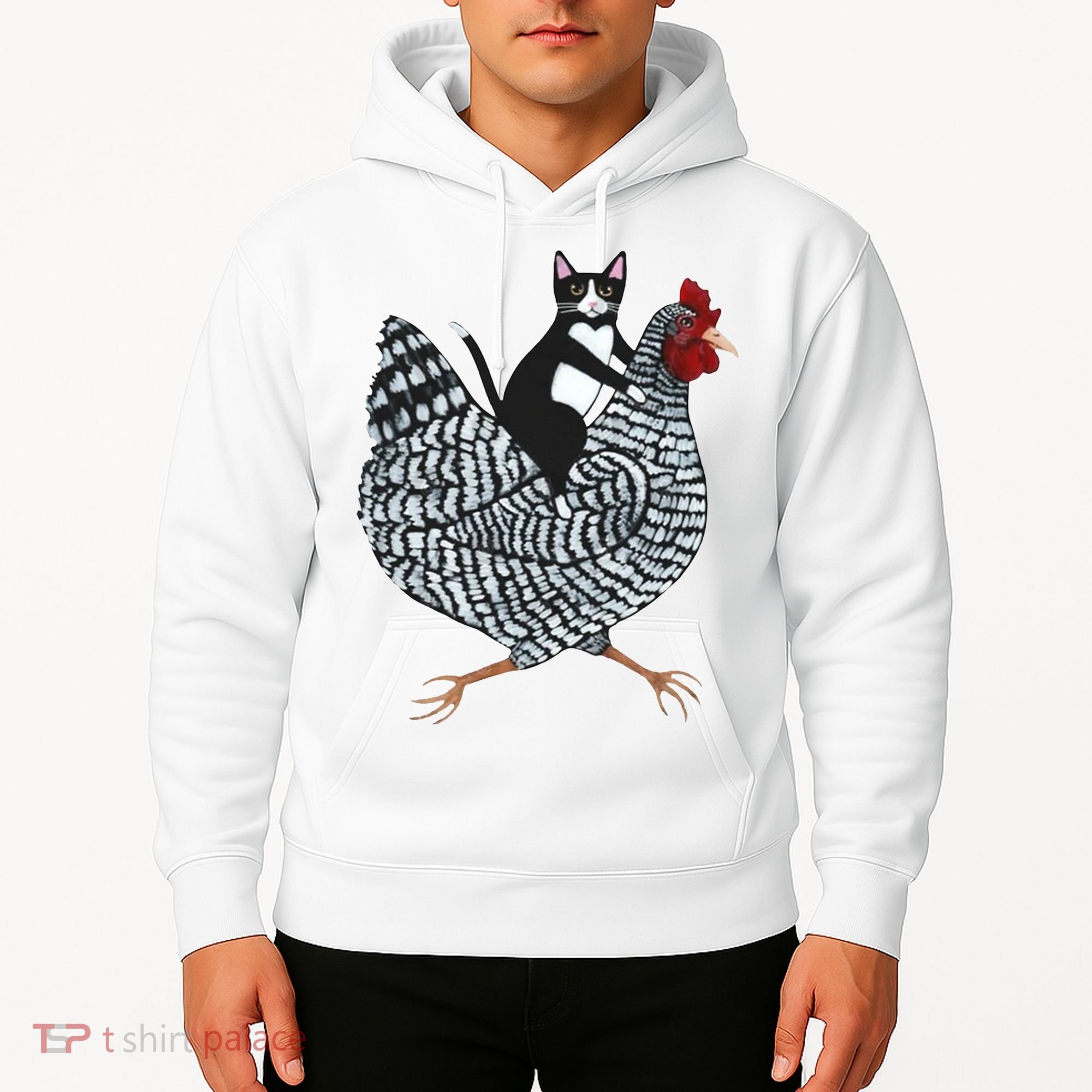 Tuxedo Cat Riding Chicken Funny Hoodie