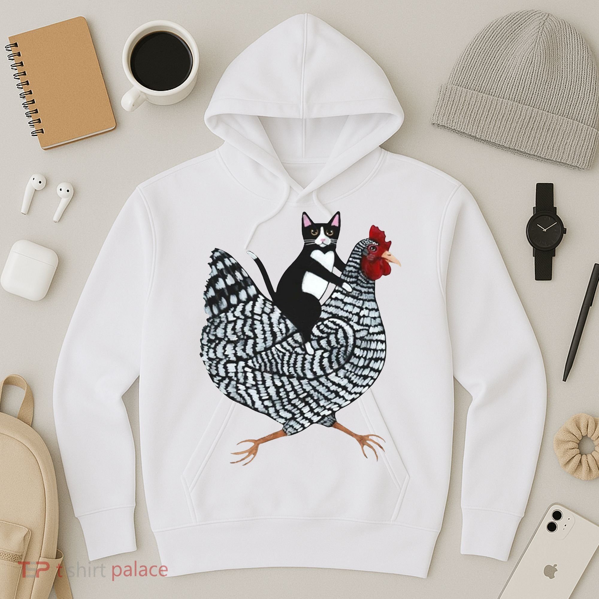 Tuxedo Cat Riding Chicken Funny Hoodie