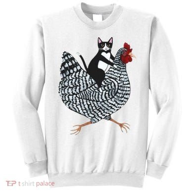 Tuxedo Cat Riding Chicken Funny Sweatshirt
