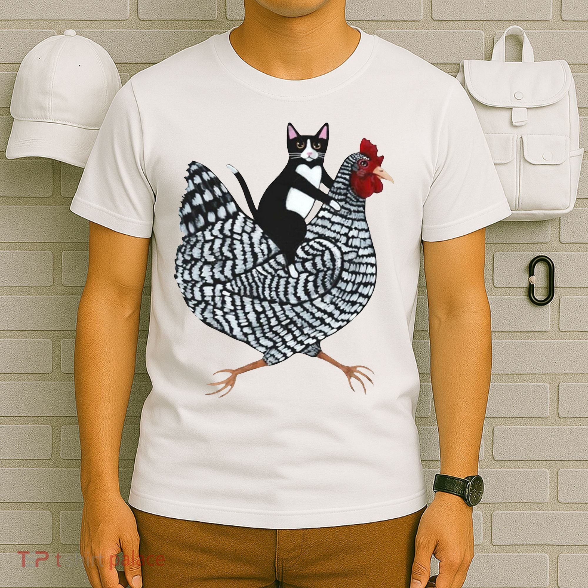 Tuxedo Cat Riding Chicken Funny T-Shirt