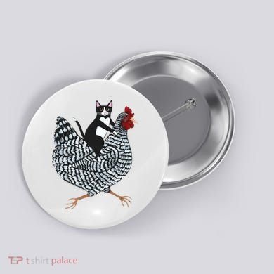 Tuxedo Cat Riding Chicken Funny Button