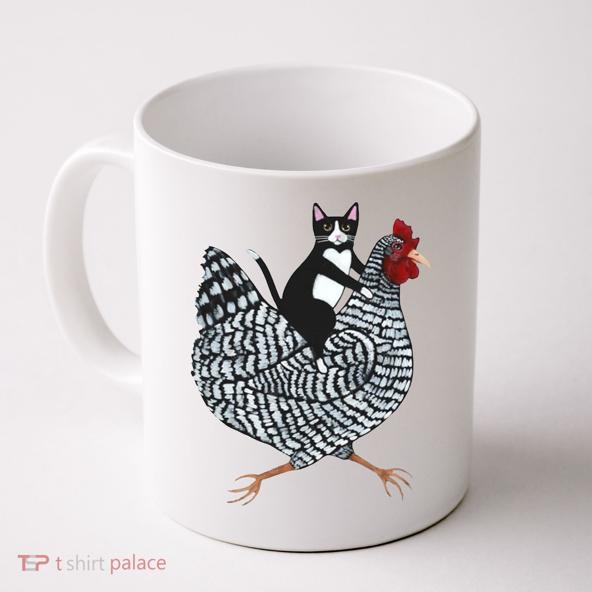 Tuxedo Cat Riding Chicken Funny Coffee Mug